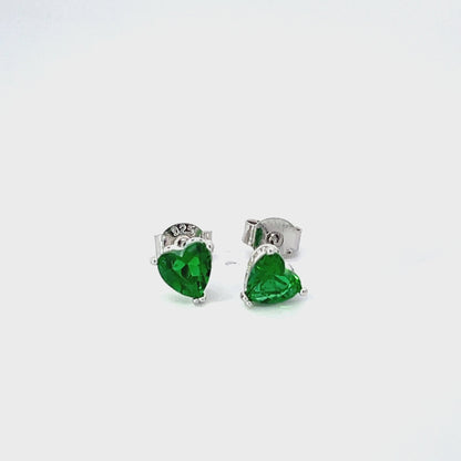 Asscher Cut Heart Stud Earrings Silver Emerald