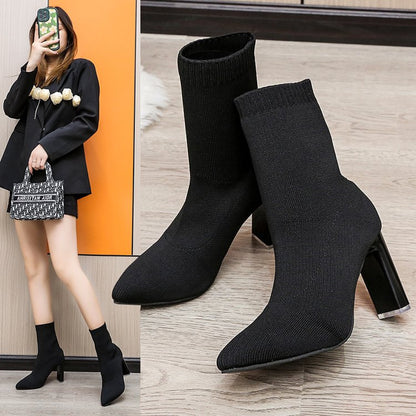 Chunky-heeled Knitted Suede Ankle Boots With Pointed Toes For Women