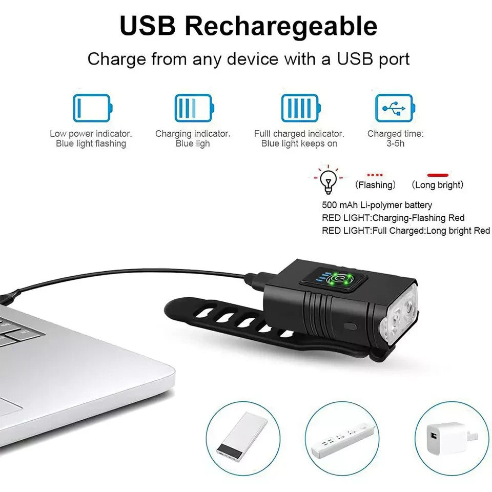 Mountain Bike Lights USB Rechargeable Bicycle T6 LED Torch Front Rear Lamp Set