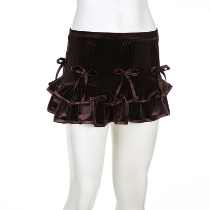 European And American Retro Brown Bow Bandage High Waist Velvet Skirt