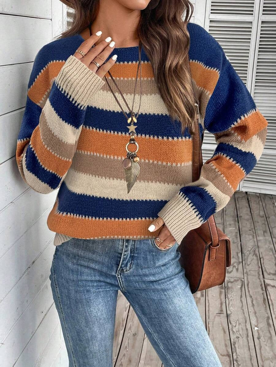 Colorblock Striped Pullover Sweater Fashion Casual Long Sleeve Top Autumn And Winter Women's Clothing
