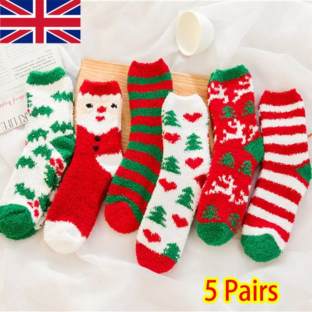 5 Pairs Christmas Soft Ladies Fluffy Lounge Cosy Bed Socks