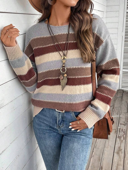 Colorblock Striped Pullover Sweater Fashion Casual Long Sleeve Top Autumn And Winter Women's Clothing